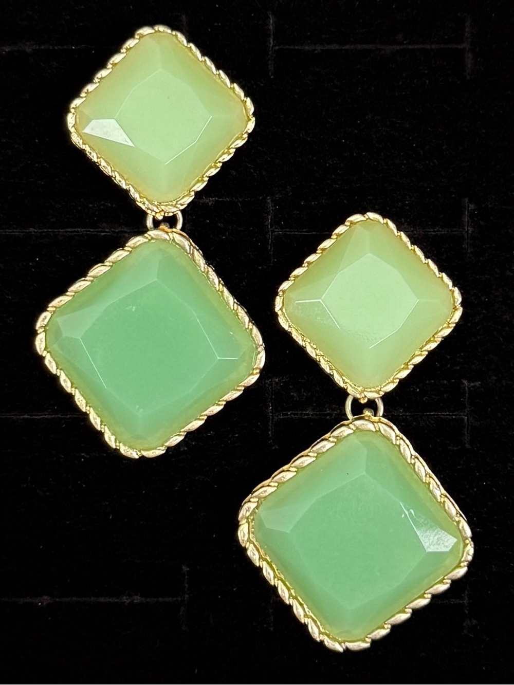 Vintage Green Goldtone Double Drop Pierced Earrings